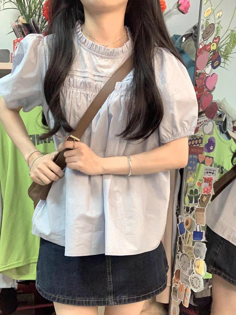 Chic French Blue Puff Sleeve Doll Top with Wooden Ear Edge Design