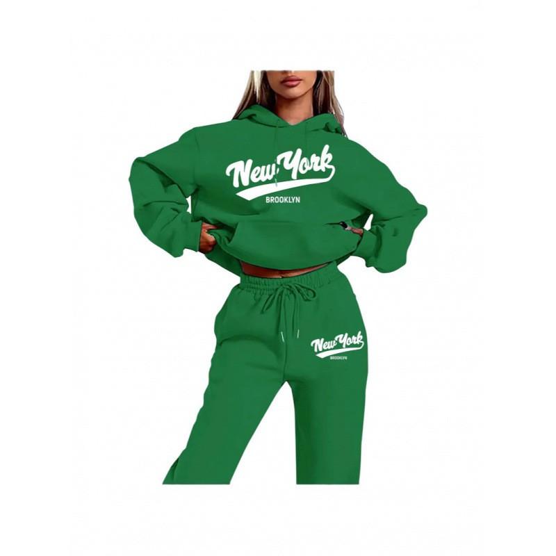 Womens 2026 New York Print Hooded Sweatshirt Set With Fleece-Lined Pants Fall Winter Outfit Streetwear Casual Tracksuit