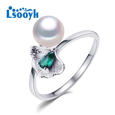 LSOOYH Natural Freshwater Pearl Ring For Women Pearl Jewelry Boho Fashion Green Crystal Leaf Ring
