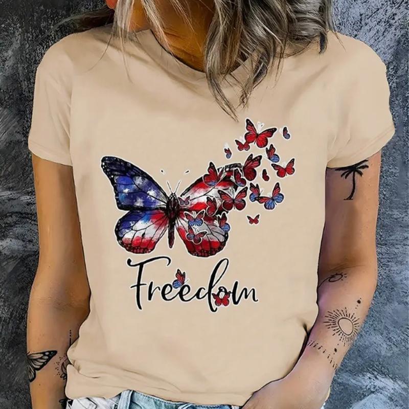 

Модная женская футболка с принтом бабочек красного и синего цвета, забавная повседневная футболка с круглым вырезом и короткими рукавами, летняя женская футболка 8XL бежевый