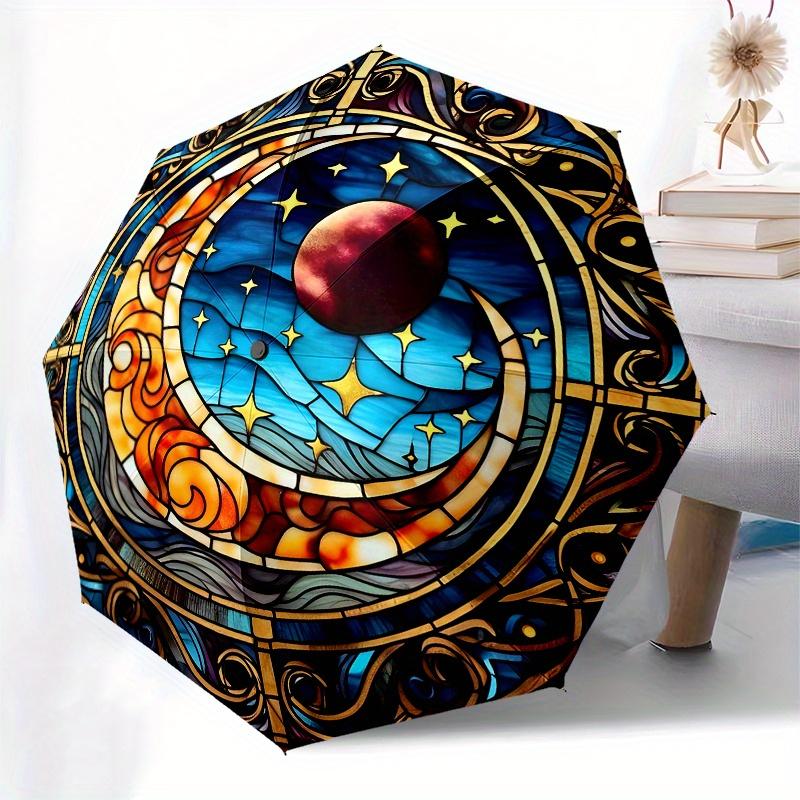 Stained Celestial Window Panel: Moonlit Night DesignUmbrella, Portable 3-Fold Compact Umbrella for Men & Women Gift