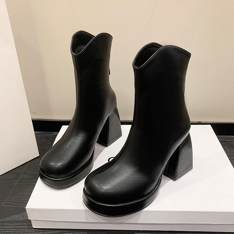 Damen Schuhe Plateau Reißverschluss hinten Damen Stiefel Outdoor Stiefeletten Damen Runde Zehennaht Super Hoher Blockabsatz Schuhe Damen