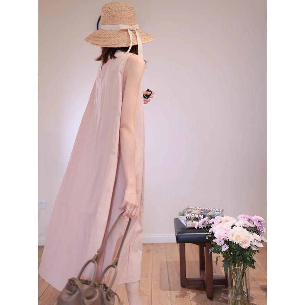 French high-end pink sleeveless vest dress women's summer seaside vacation loose and thin temperament beautiful long dress