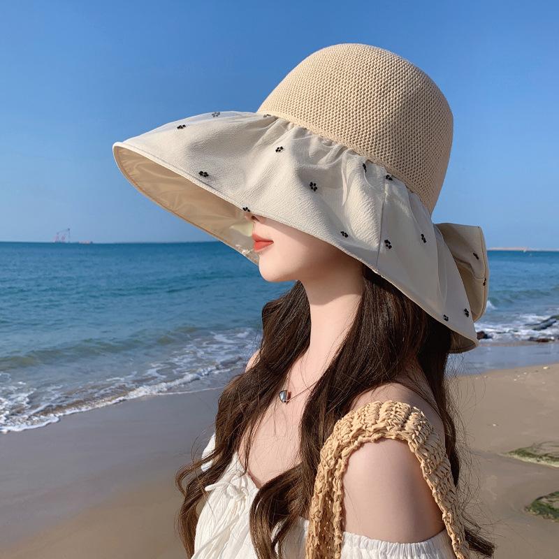 Color glue hat women's mesh bucket hat bow sunscreen sun hat summer mesh breathable sun hat