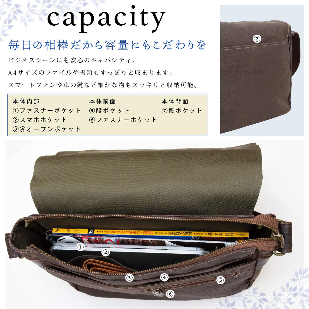 Koshibu (Koshibu) Men's Shoulder Bag, Lightweight, Crossbody, Made In Japan, Persimmon Tannin-Dyed Canvas and Leather, A4 Size, Loose Flap Shoulder