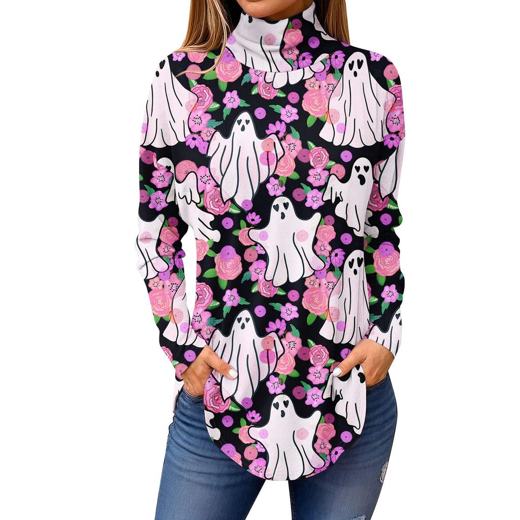 Tee Shirts For Women Fall Casual Long Sleeve Shirts Sweatshirt Vintage Printed High Neck Top Pullover
