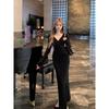 Temperament Cross V-neck Long-sleeved Dress Female Slim-fitting Tight Long Dress Spice Girl Waist Split Hip Skirt