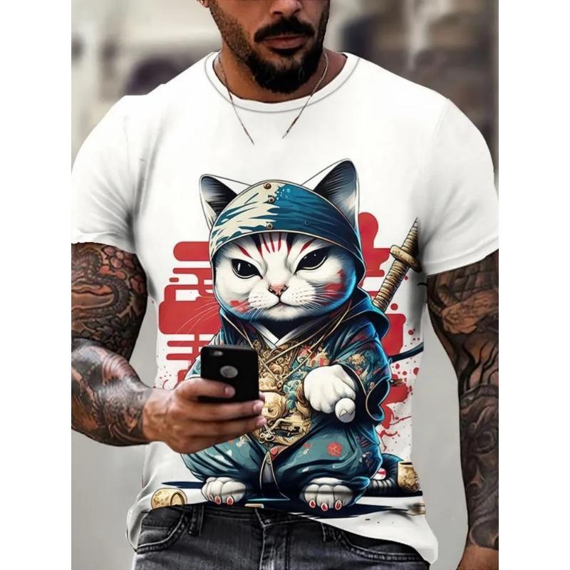 Men's Shirt Style Samurai Cat Graphic 3D Printed T-Shirt Casual Short Sleeved Tee Ersized Men Clothing Tops