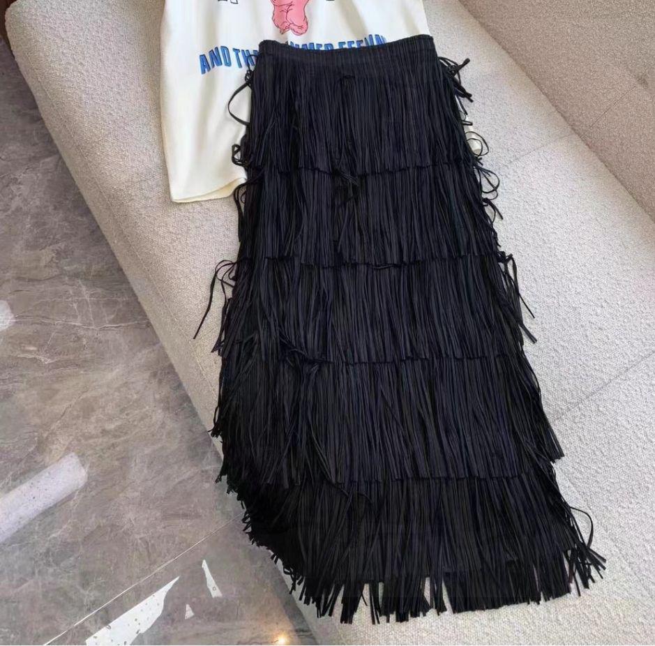 Miyake High-End Women's Tassel Layered Midi Skirt - Versatile & Slimming