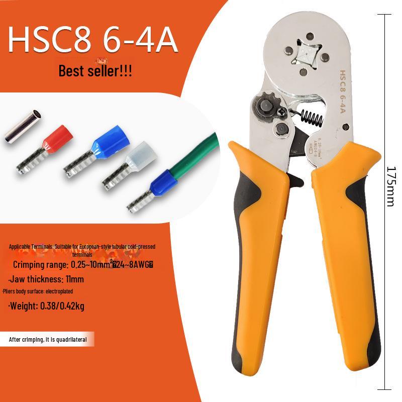HSC8 6-4A Self-Adjusting Crimping Tool for VE Tube Terminals, 0.25-10mm Range, Quadrilateral Crimping.