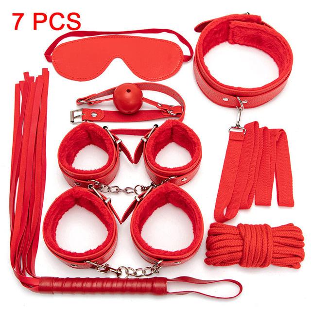 7 pezzi/set Divertimento per adulti Manette in pelle e peluche Manette per piedi Clip a croce per seno Giocattolo SM