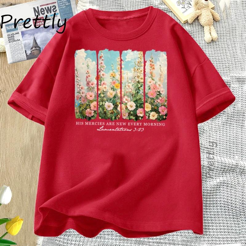 Retro Flower Print Cotton Clothing T-Shirt for Woman Are New Every Morning T Shirt Cozy Tee