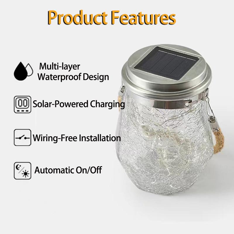 Solar Diamond Hanging Lantern Outdoor with LED String Lights Warm White/Multicolo Cracked Glass for Garden Patio Yard Porch Deco
