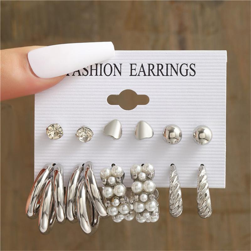 Pearl Silver Color Hoop Earrings Sets For Woman Trendy Butterfly Acrylic Hollow Twist Geometric Dangle Earrings Jewelry Gifts