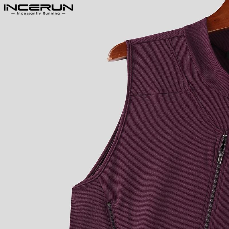 INCERUN Summer Men Mockneck Sleeveless Zipper Up Rib Tank Tops Slim Racerback T-shirts