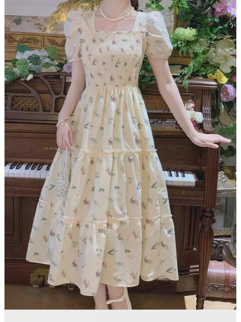 2025 Summer Sweet Floral Pleated Midi Dress - French Gentle Style, Slimming Waist, Mid-Length