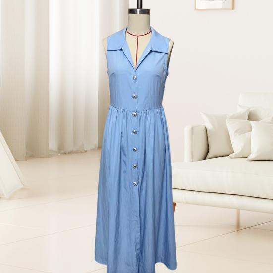 Summer Maxi Shirt Dress for Women Sleeveless Button Down Lapel Long Dress Beach Vacation A-line Flowy Sundress with Pockets