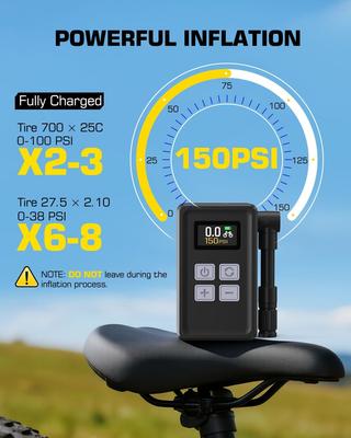 Mini Electric Bike Pump, 29s Fast Inflation, 150PSI with Gauge, Presta/Schrader, for Road & Mountain Bikes, Motorcycles, Balls