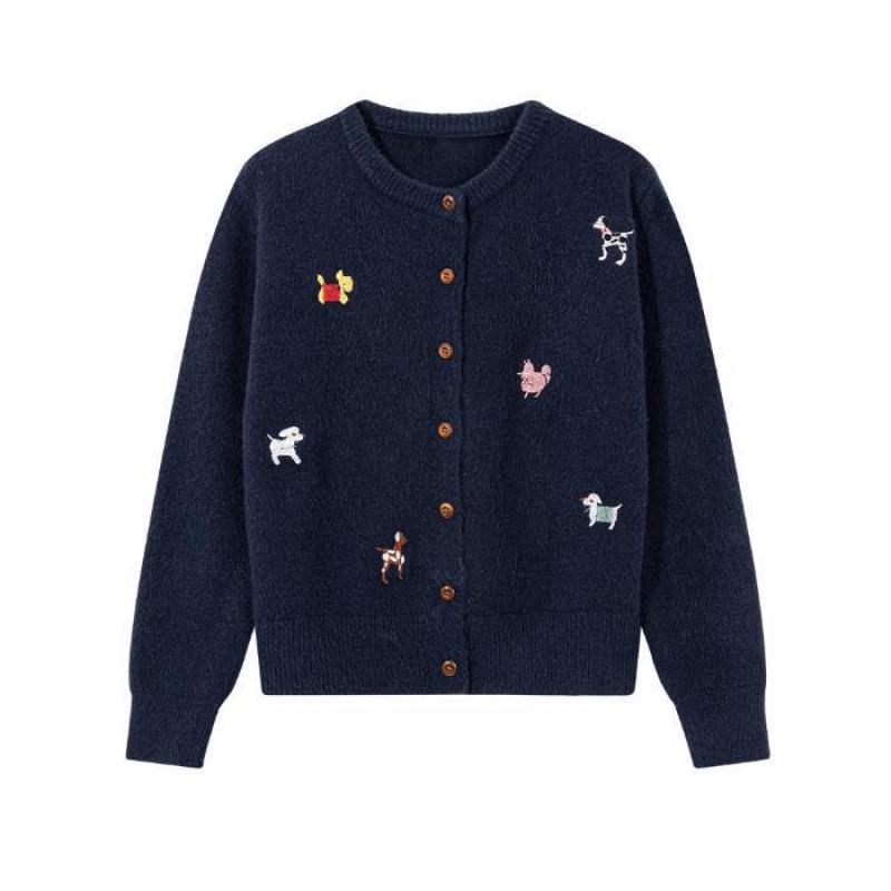 Women's Petite Fluffy Knit Cardigan: Japanese Style with Dog Embroidery, Perfect for Autumn/Winter