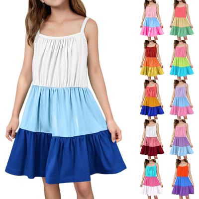 Dziecięca Letnia Codzienna Moda Sukienka Bez Rękawów z Okrągłym Dekoltem w Jednolitym Kolorze