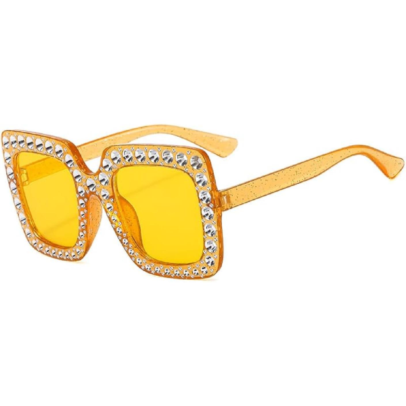IKANOO Oversized Crystal Sunglasses for Women Square Thick Frame Bling Rhinestone Sparkling Glasses жёлтый