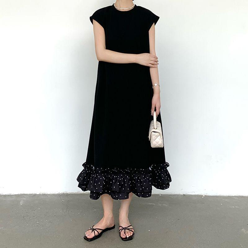 

Summer K-style Women s Clothing Mid Length Long Length Ruffles Patchwork Sleeveless Dress Street All-Match Loose Slimming Long Dress Black Wave dot Free size
