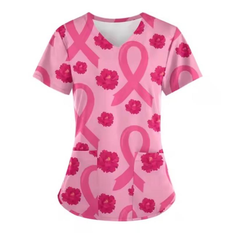 Scrubs Medicinsk Uniform Rosa Bandet Cancerkämpe Grafik Damuniformer V-ringad Kortärmad Toppar med Fickor Scrubs Damer