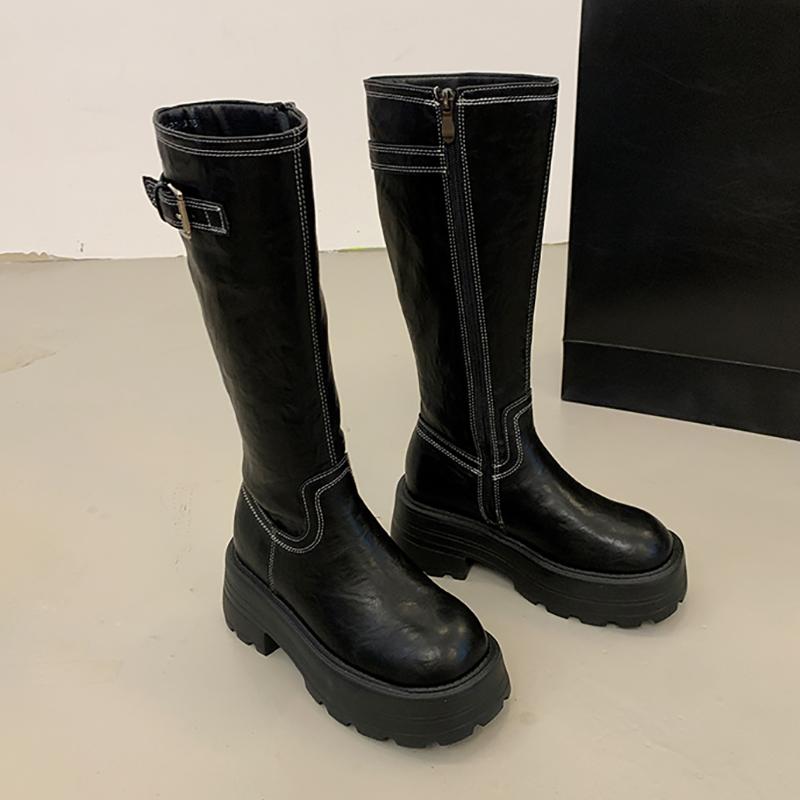 Fashion Vintage Platform Thick Heel Women Knee High Boots Fashion Ladies Belt Buckle Knight Long Booties botas de inverno feminina
