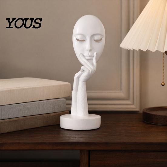Polished Resin Figurine Abstract Contemplative Face Sculpture, Minimalist Hand-on-Chin Bust Statue for Desk Living Literary Style