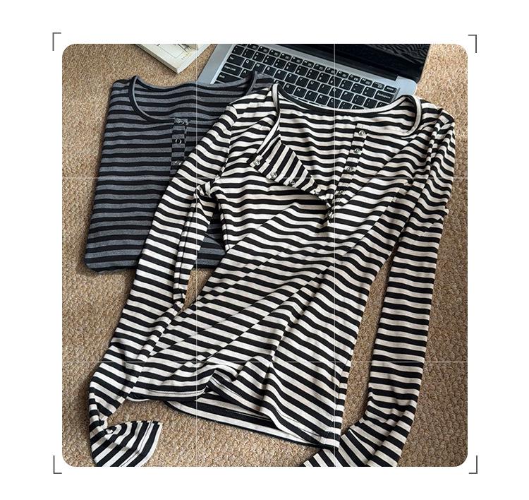 Women's High-End Lyocell Tencel Stripe Henley Neck Slim Fit Long Sleeve Top for Autumn/Winter