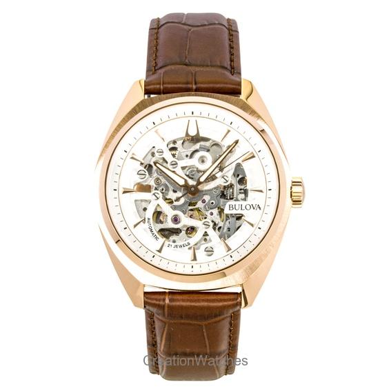 BULOVA Surveyor Leather Strap Silver Skeleton Dial Automatic 97A175 Men's Watch