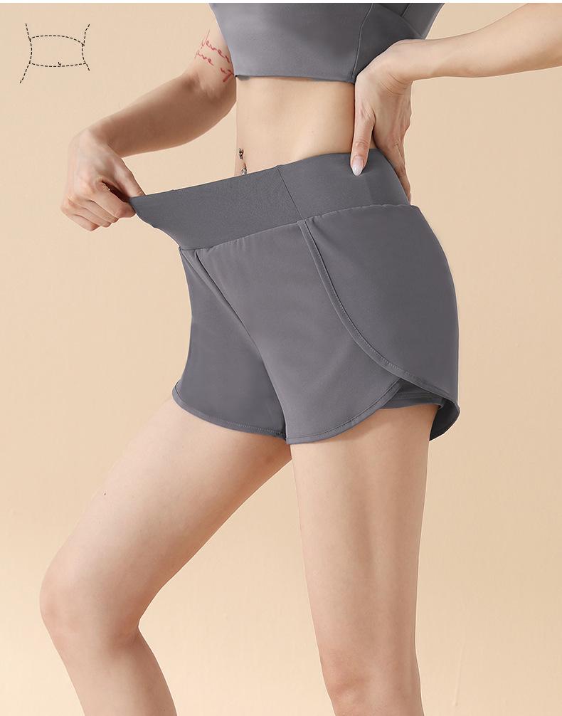 Damen Sportshorts mit hohem Bund: Fake Zweiteiler, Anti-Exposition, Lockere Passform, Seitentasche, Hüfthebung, Für Laufen & Yoga