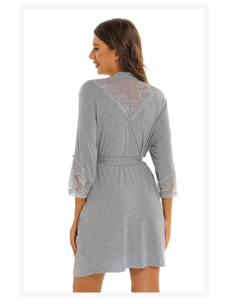 Plus Size Modal Cotton Lace Sleepwear - Women's Solid Color Loose Nightgown/Bathrobe
