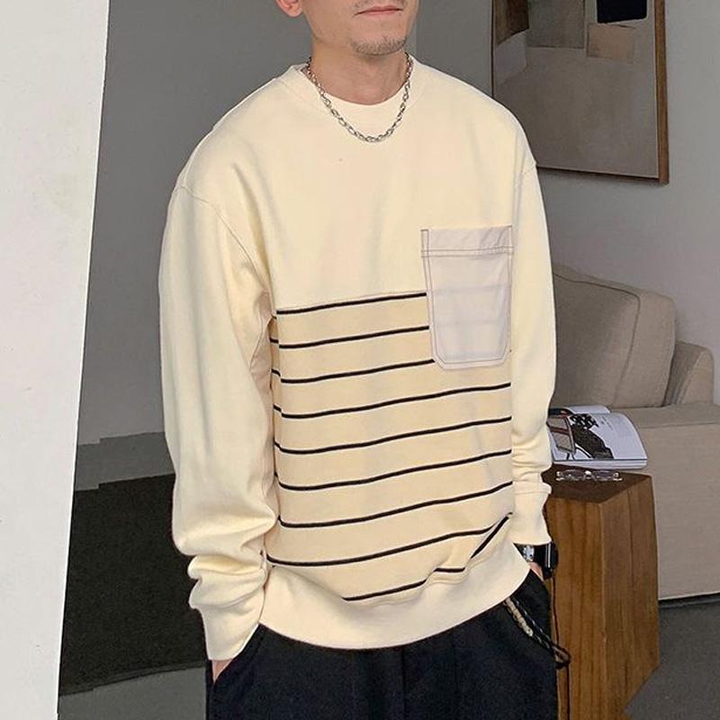 Spring and Autumn Men's Fashion Simple Round Neck Spliced Stripe Long Sleeve Loose Casual Thin Versatile Sweater T-shirt