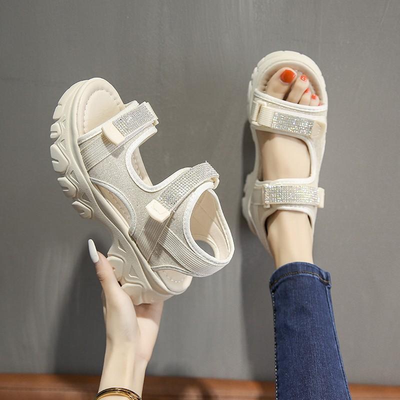 Rhinestone platform casual sports sandals women's outer wear 2025 new summer Velcro soft-soled Roman beach shoes