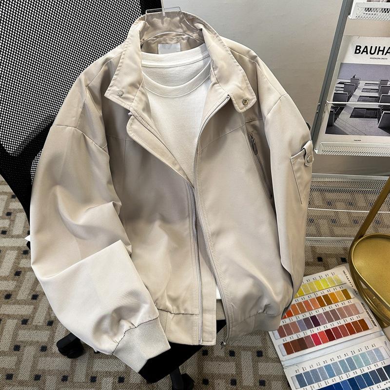 

American Retro Tooling Stand-up Collar Jacket Men s Spring and Autumn Trendy Brand Splicing Design Bomber Jacket Short Baseball Uniform M абрикосовый