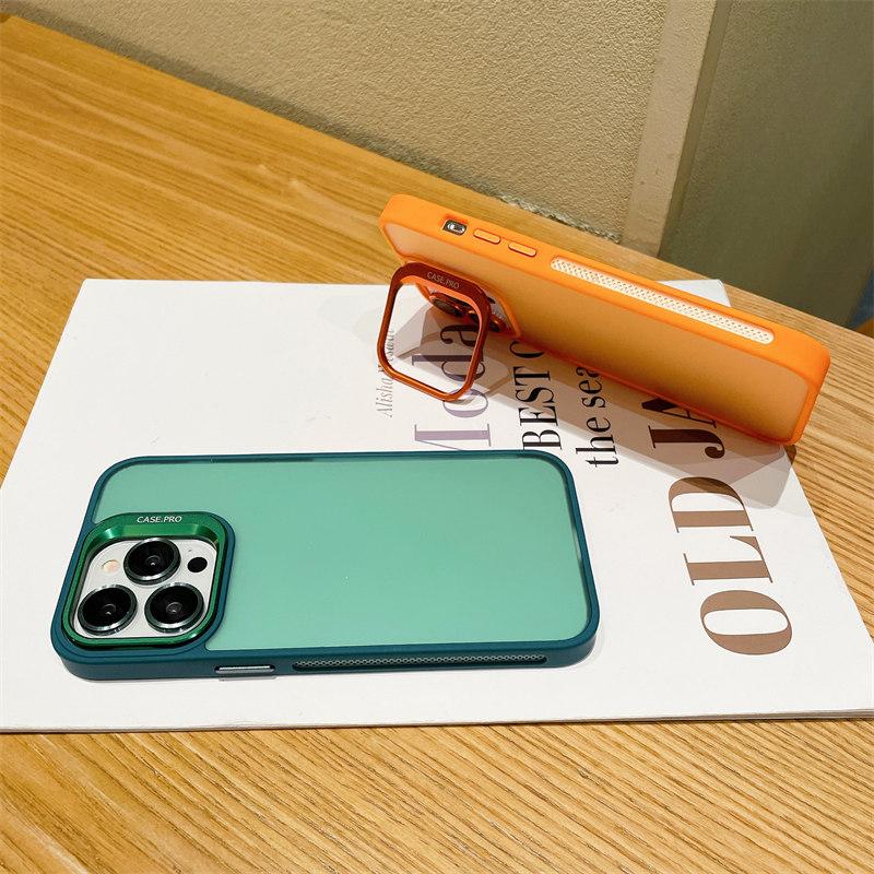 With Lesn Film Metal Camera Holder Stand Phone Case For iPhone 15 Plus 14 Pro Max 13 Pro 12 11 Shockproof Matte Lens Bracket Shell Cover