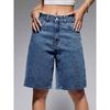 Women's Mid Rise Bermuda Shorts Loose Fit Streetwear Washed Denim Shorts Solid Color Wide Leg Jeans