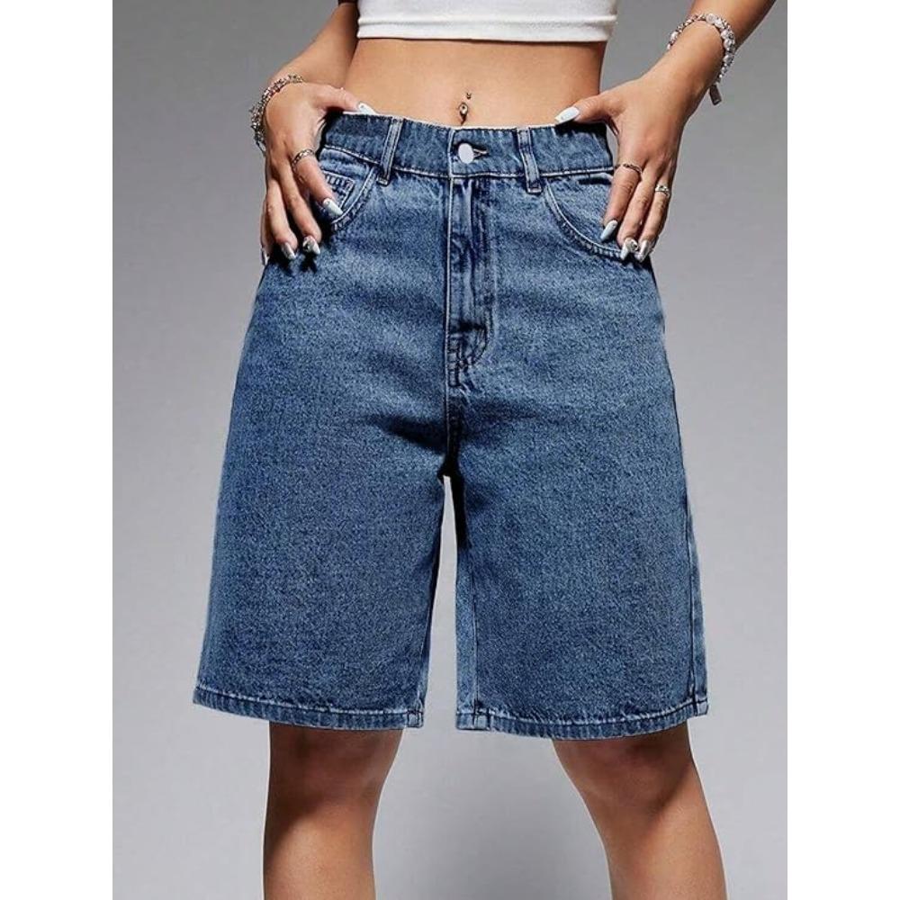Women's Mid Rise Bermuda Shorts Loose Fit Streetwear Washed Denim Shorts Solid Color Wide Leg Jeans