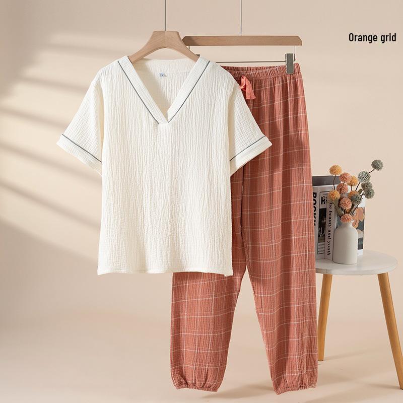 Spring Women s V-Neck Gauze Pajama Set - Short Sleeve, Long Pants XL