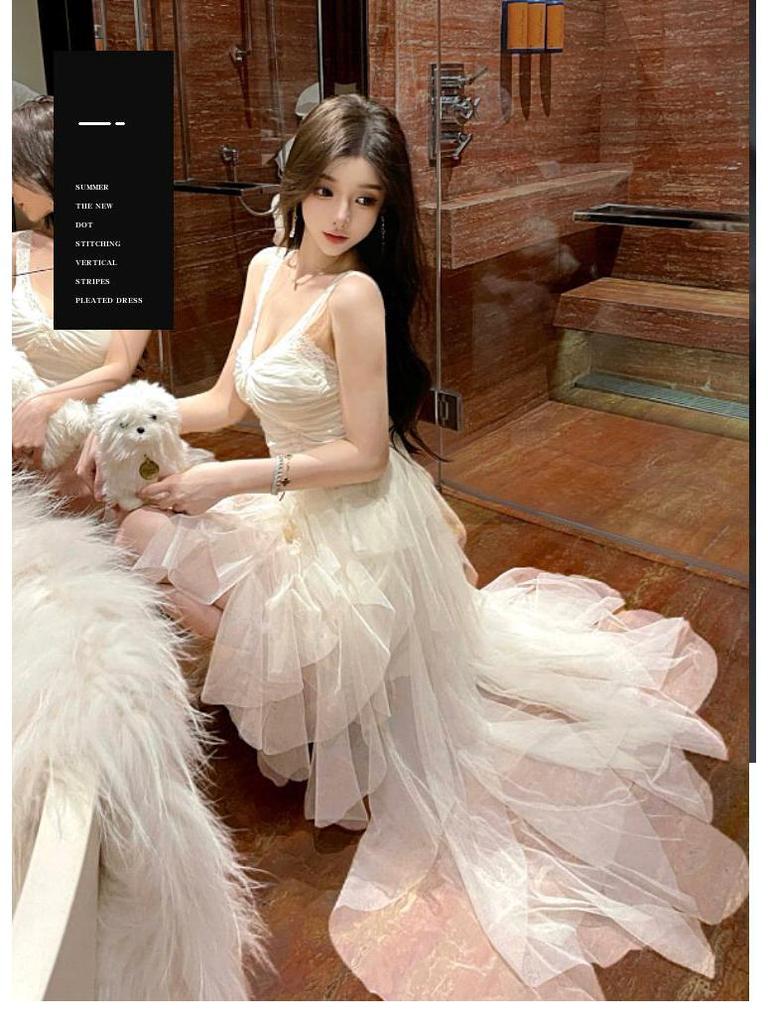 Elegant High-End White Mesh Princess Dress with Irregular Skirt for Special Occasions