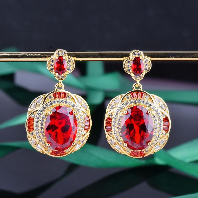 

Meier Pomegranate red zirconia set: floral necklace, red diamond stud earrings, and open-ended gemstone ring