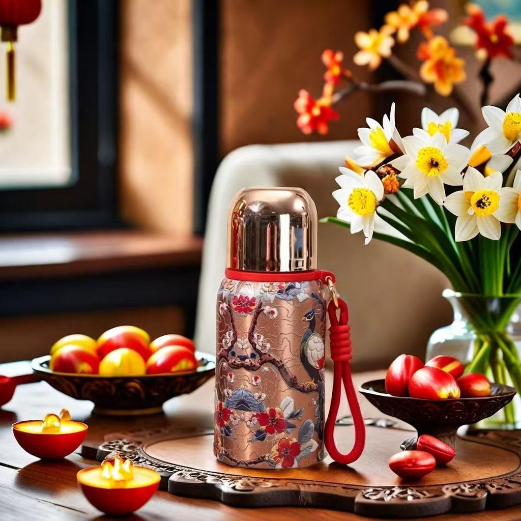 Guofeng Koi Pattern 304 Stainless Steel Thermos Cup Peacock Pattern Portable Lanyard High Value Water Cup Business Gift
