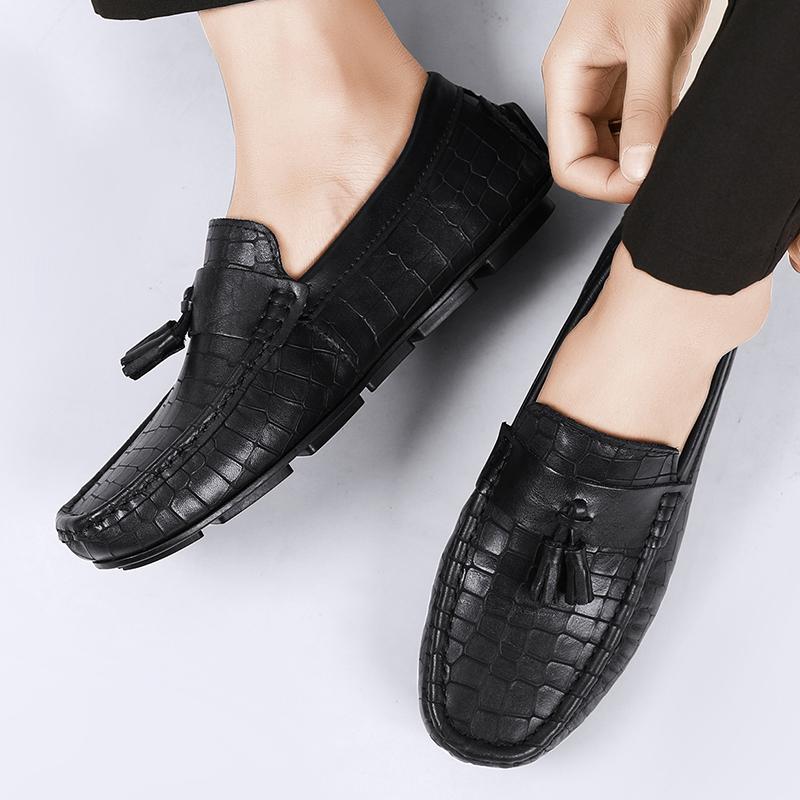 Crocodile Pattern Men Loafers Business Style Moccasins Genuine Leather Slip On Footwear Party Mens Boat Flats Tassel Walk Shoes