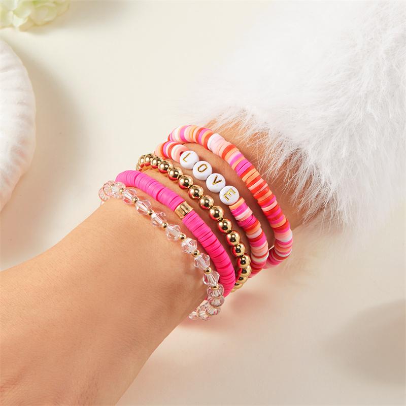 5/6/7Pcs/Set Bohemian Polymer Clay Beaded Bracelets for Women Romantic Sweet Pink Wristband Bangle Valentine's Day Jewelry Gift