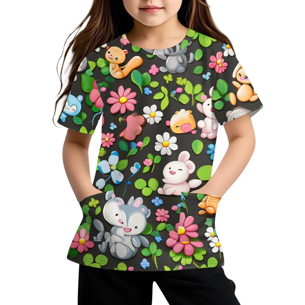 Children's Short Sleeve Pocket Tops Casual  Print T Shirt Round Neck Pullover Blouse