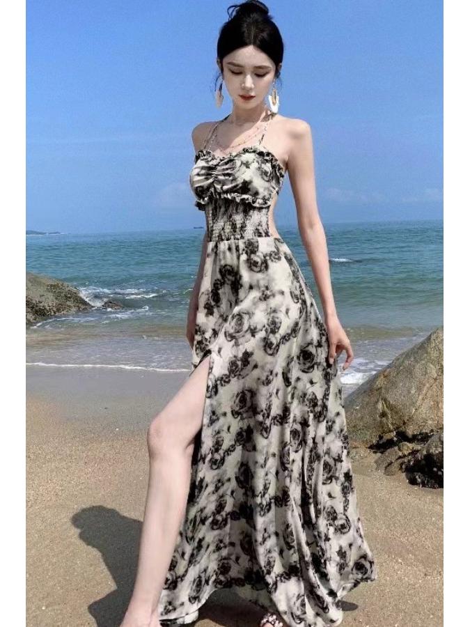 Elegantes französisches Blumenmuster Maxikleid - Sommer, rückenfrei, mit Schlitz und Spaghettiträgern, Trendig und sexy für Damen