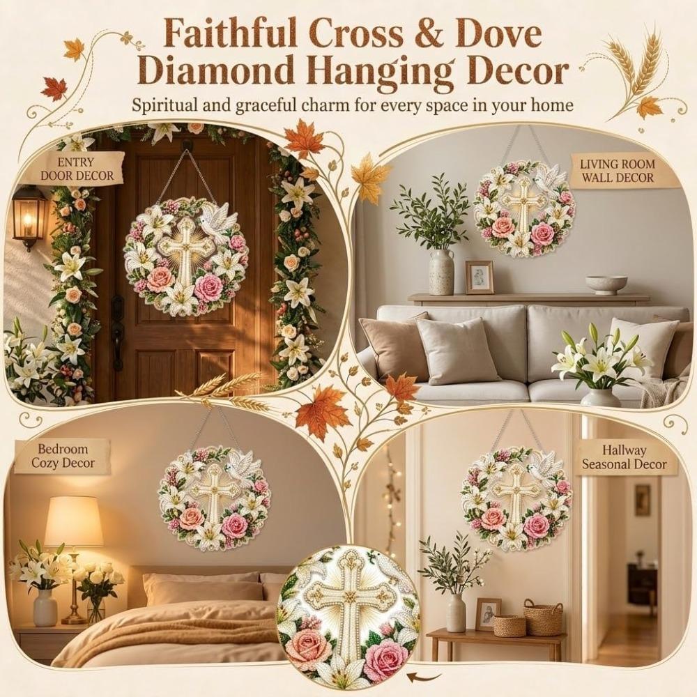 Cross, Flowers, and Peace Dove Diamond Painting Hanging Kit, Religious DIY Diamond Painting Light Catcher with Crystal Pendant