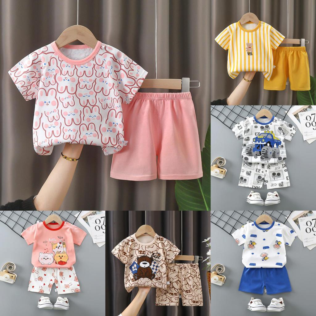 Childrens Summer Cotton T Shirt Shorts Set With Cartoon Prints For Toddler Boys And Girls