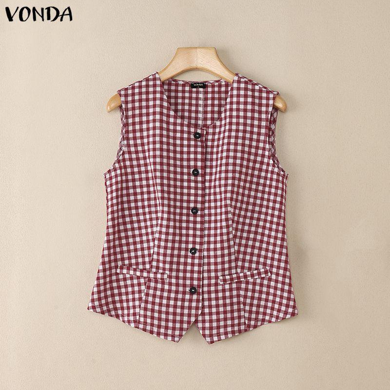 

VONDA Womens Casual Sleeveless Plaid Buttons Up Vest Tank Tops 5XL вино красного